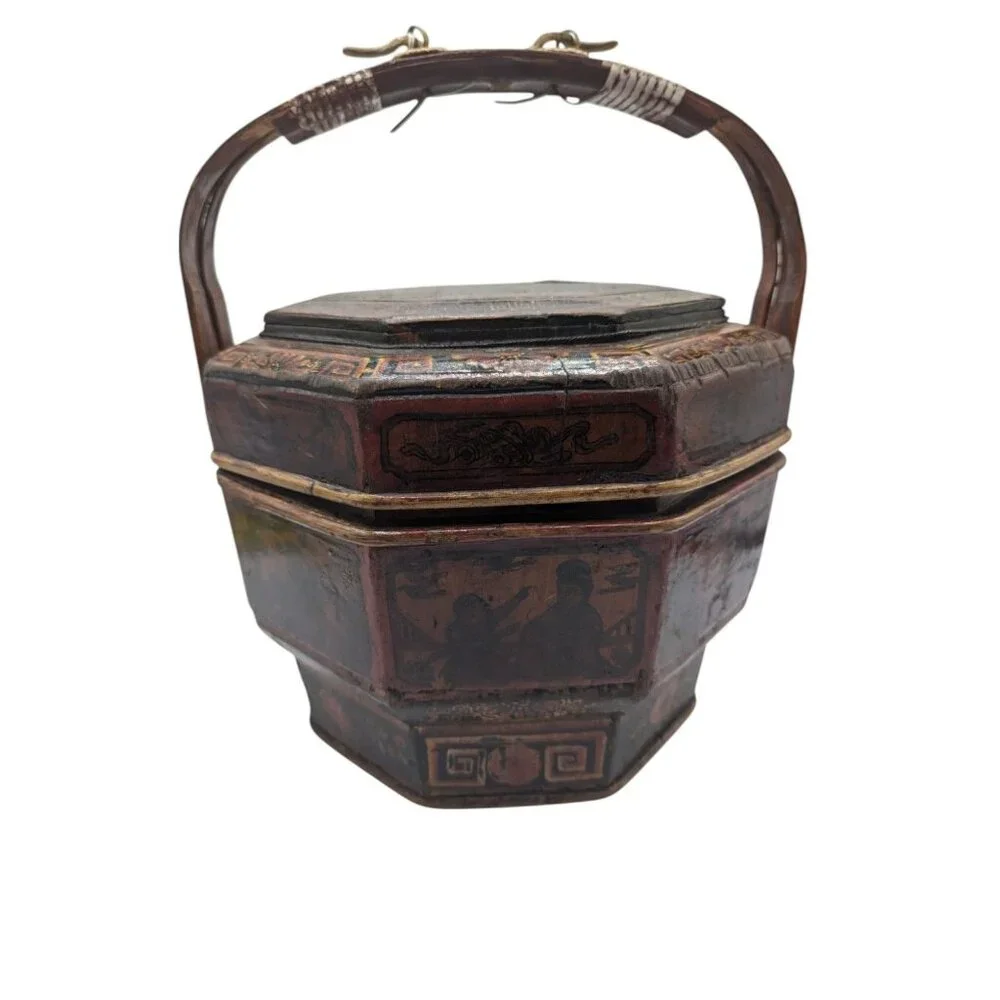 Antique Chinese Bamboo Wedding Basket Box Laquer Finsh Brass Handle